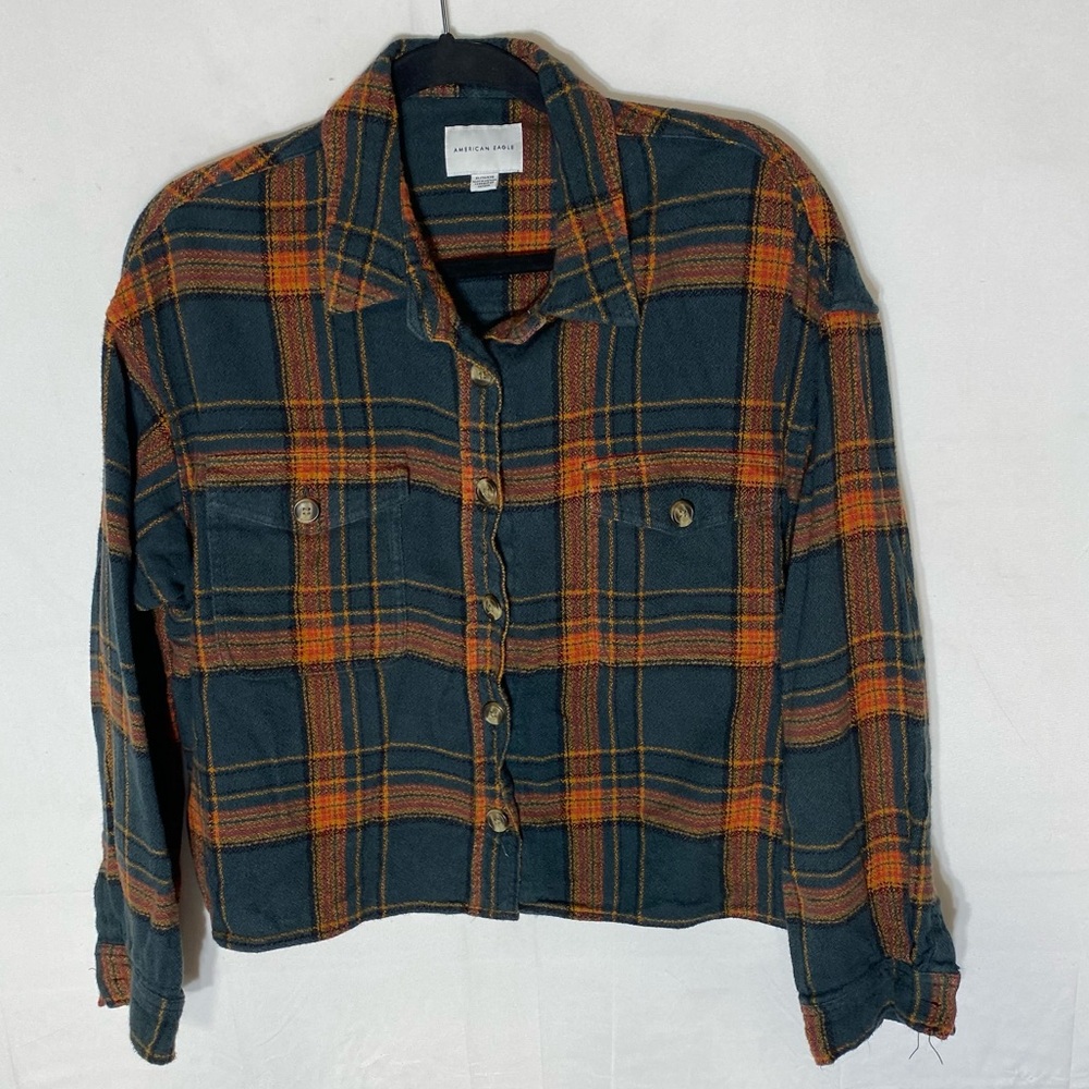 American Eagle Green Orange Plaid Cropped Button Up Shirt XL